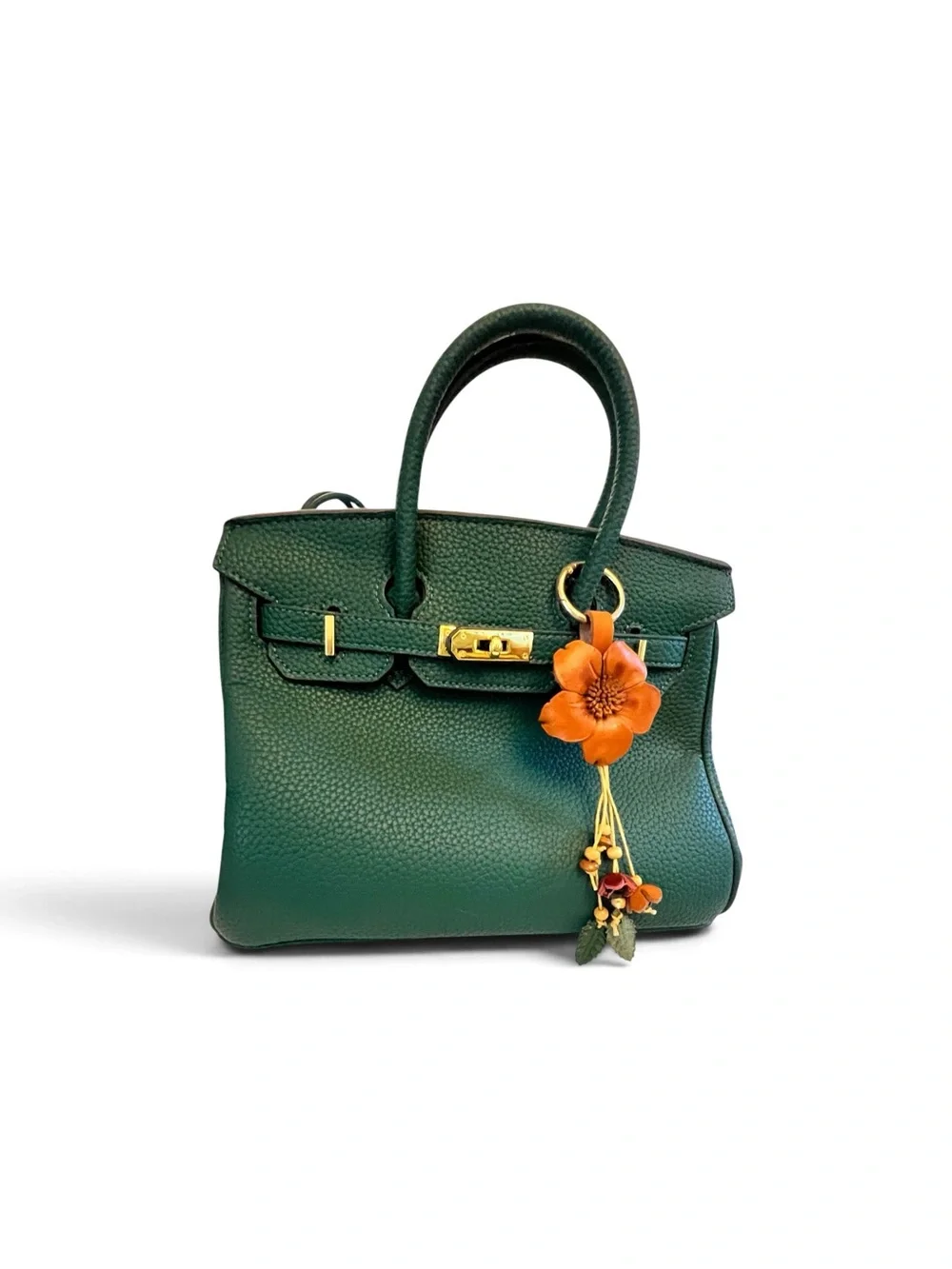 Wirkin BESTSPR EGreen Leather Top-Handle Bag with Floral Charm